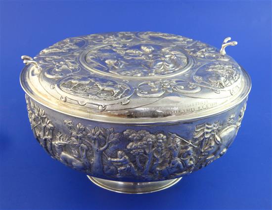 A 19th century continental silver bowl and cover with engraved inscription